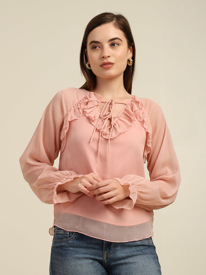 7OUNCE Chiffon Top for Women - Pink Ruffle Neck - Image 1